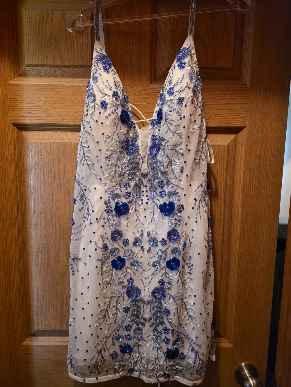White Mini Dress with Blue Floral Embellishment